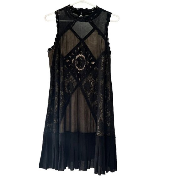 Free People Black Angel Trapeze Lace Pleated Open Back Mini Tunic Dress Small - Picture 1 of 11
